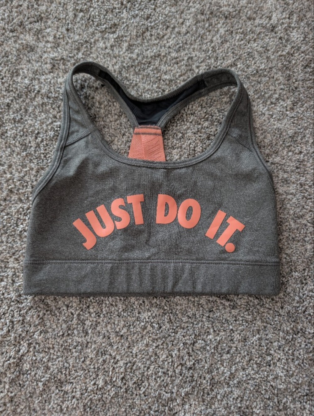 Nike Dri-FIT "Just Do It" Crossback Sports Bra Heather Gray Coral Pink XS